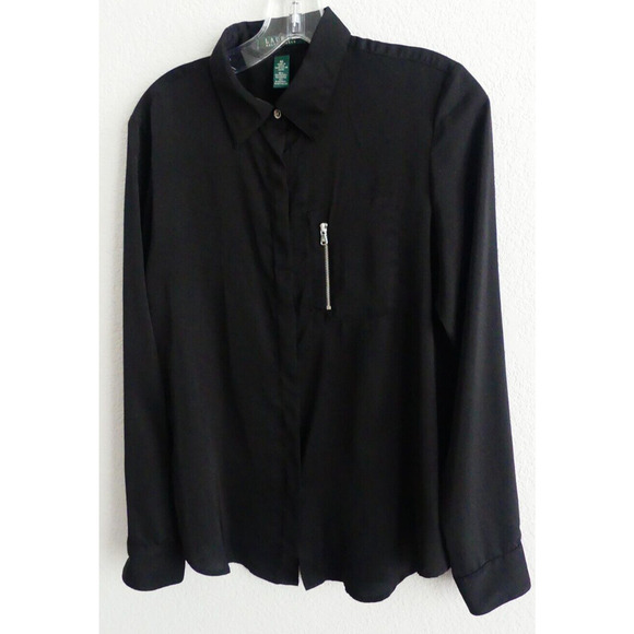 Lauren Ralph Lauren Women's Black Silky Button Front Shirt Zipper Pocket Size M - Picture 1 of 6